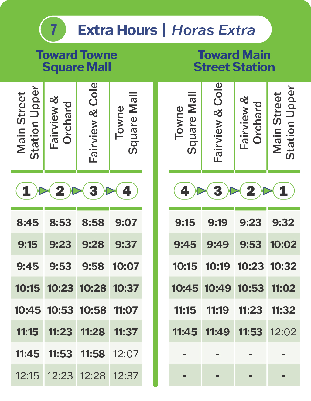 A table shows the extra trips taken on the Route 7 Fairview on Friday and Saturday Nights, November 29-December 28, 2024. Trips heading toward Towne Square Mall will depart from Main Street Station at 8:45, 9:15 PM, 9:45 PM, 10:15 PM, 10:45 PM, 11:15 PM, 11:45 PM, and 12:15 AM. Trips heading toward Main Street Station will depart from Towne Square Mall at 9:15 PM, 9:45 PM, 10:15 PM, 10:45 PM, 11:15 PM, and 11:45 PM.