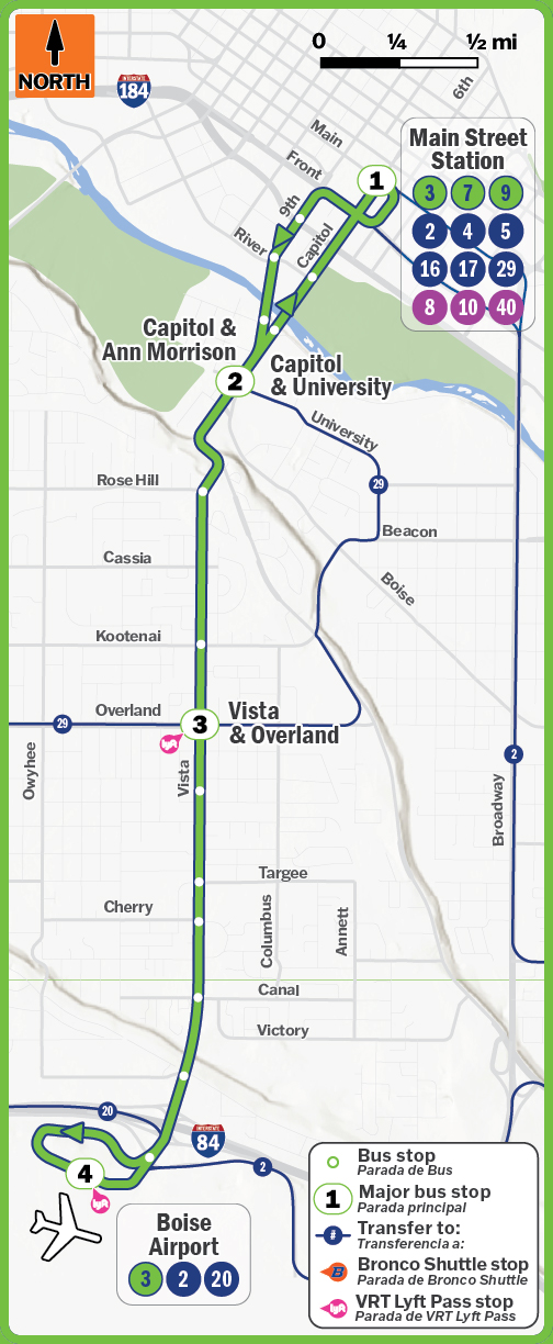 Image shows VRT Route 3 Vista which travels from Main Street Station to the Boise Airport.