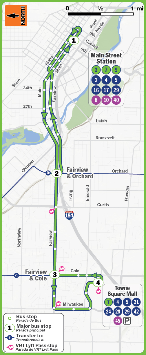 Image shows VRT Route 7 Fairview which travels from Main Street Station to Towne Square Mall.