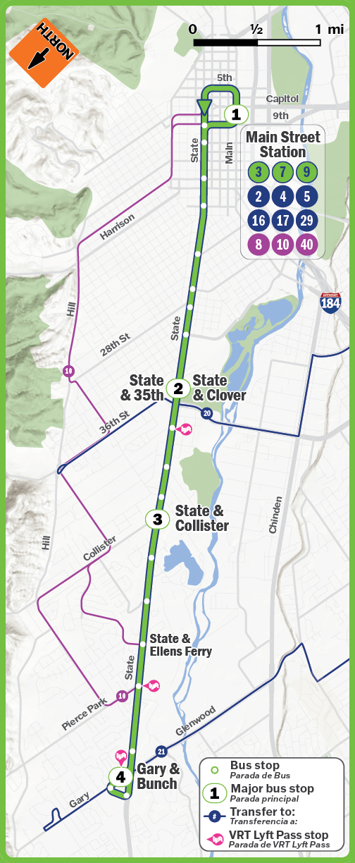 Image shows VRT Route 9 State Street which travels from Main Street Station to Gary & Bunch along State Street.