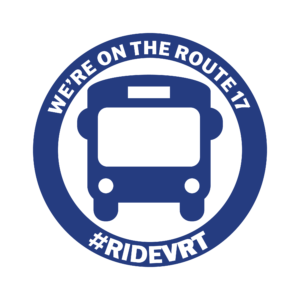 Sticker showing a bus stop icon and the text "We're on the route 17; #rideVRT"