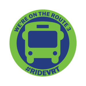 Sticker showing a bus stop icon and the text "We're on the route 3; #rideVRT"