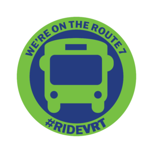 Sticker showing a bus stop icon and the text "We're on the route 7; #rideVRT"