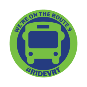 Sticker showing a bus stop icon and the text "We're on the route 9; #rideVRT"